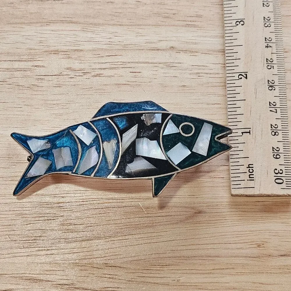 Alpaca Silver Fish Barrette in Blue and Black Inlaid with Mother of Pearl Chips